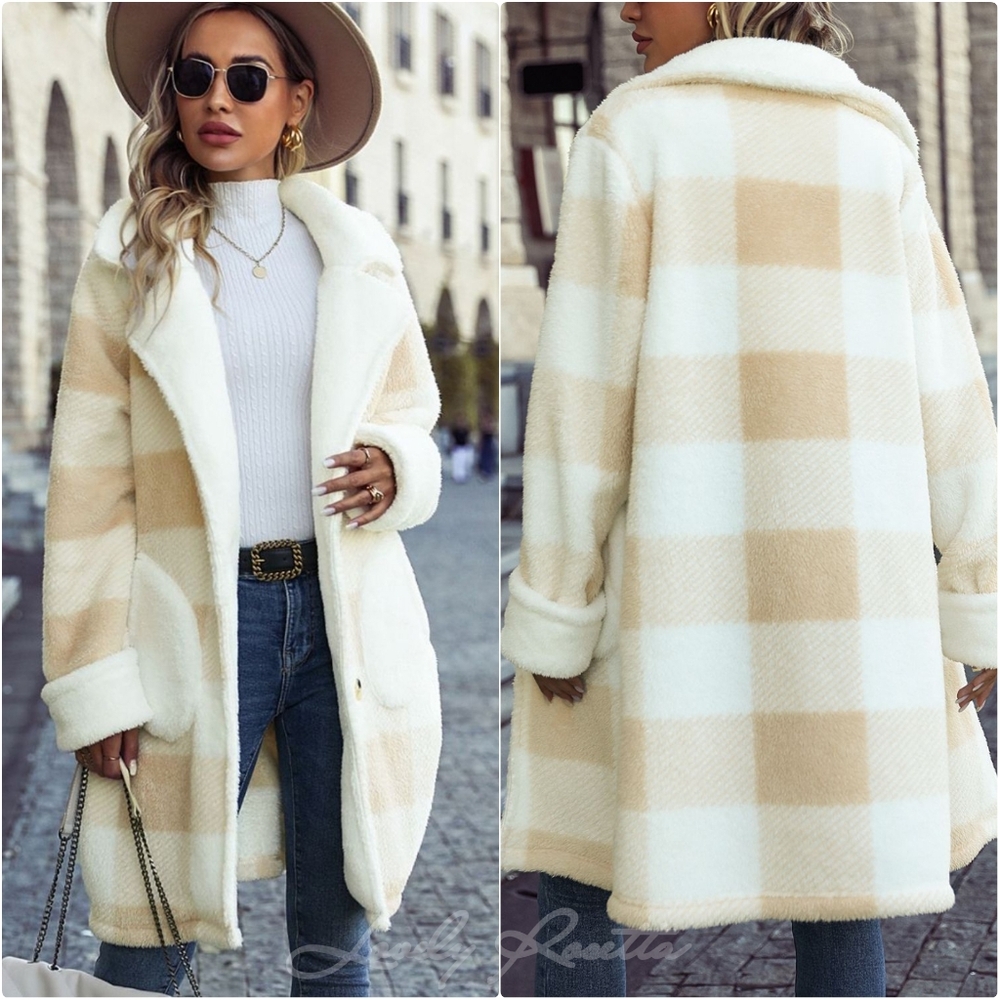 Beige Warm Plaid Button Coat - Picture 8 of 8